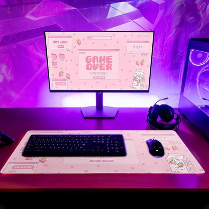Pink Gaming Mouse Pad 27.6x11.8 Inch Pastel Game Over Large Mousepad Kawaii Office Decor for Women Non-Slip Rubber Base Stitched Edges Keyboard Mouse Mat Desk Pad for Office Home and Game