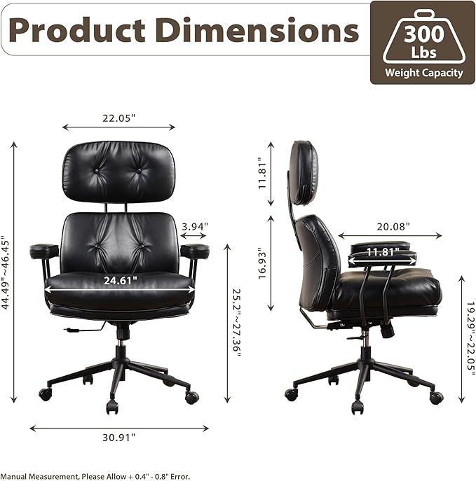 HOOOWOOO Ergonomic Office Chair,Mid Century Modern Computer Desk Chair,Comfy Executive Chair with Extra Wide Tufted Cloudy Seat Lumbar Support High Reclining Back,PU Leather Black