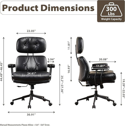 HOOOWOOO Ergonomic Office Chair,Mid Century Modern Computer Desk Chair,Comfy Executive Chair with Extra Wide Tufted Cloudy Seat Lumbar Support High Reclining Back,PU Leather Black