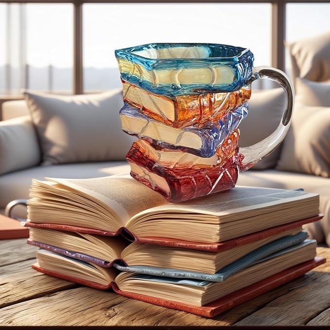 3D Painted Book Stack Glass Coffee Mug, 12 oz Colorful Heat-Resistant Cup, Christmas & Holiday Gifts for Books Lovers, Readers, Writers, Librarians, Book Club and Bookworm Fans