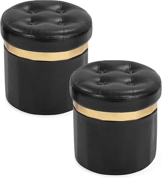 Small Ottoman with Storage,Folding Round Ottoman with Gold Trim,Velvet Storage Stool,Foot Stool with Soft Padded,Foot Rest for Living Room13“x13”x12.4(Publack,2pcs)