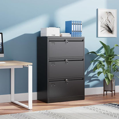 SUXXAN Metal 3 Drawer Lateral File Cabinet with 3 Lock - Wide Filing Cabinet for Letter/Legal/F4/A4 Hanging Files - Includes Business Card Holder,Home Office School Storage,Black