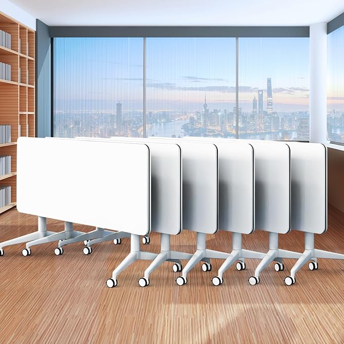 Folding Conference Table,Movable Conference Room Table with Wheels,White Wood Rectangular Conference Table with Modern Business Style,Modular Meeting Training Tables for Office Classroom(6,47.2'')