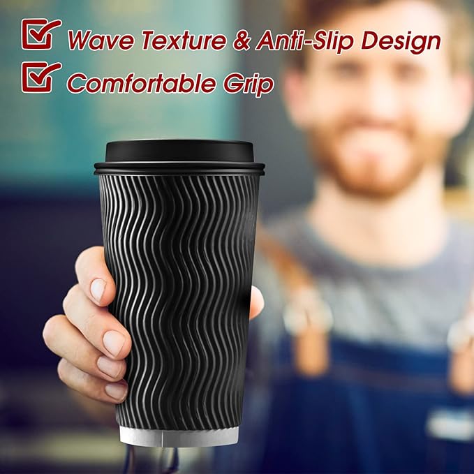Ginkgo 100 Pack 16 oz Disposable Insulated Coffee Cups with Lids, Paper To-Go Coffee Cups for Coffee Bars, Hot Chocolate, Cocoa, and Hot Tea Drinks - Black