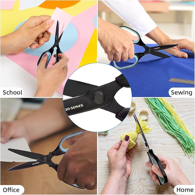 All Purpose Scissors - Comfort Grip, 3D Curved Cutting Edge, Stainless Steel Office Scissors for Sewing Fabric Home Craft School Supplies, 2-Pack (Blue, Green)