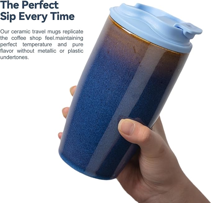 Ceramic Travel Coffee Mug with Polypropylene Lid and Insulated Sleeve, 16 oz, Portable Coffee Cup for Car Cup Holder, Transmutation Glaze Microwave and Dishwasher Safe(Blue)