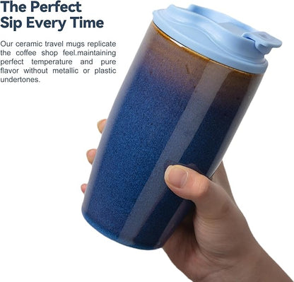 Ceramic Travel Coffee Mug with Polypropylene Lid and Insulated Sleeve, 16 oz, Portable Coffee Cup for Car Cup Holder, Transmutation Glaze Microwave and Dishwasher Safe(Blue)