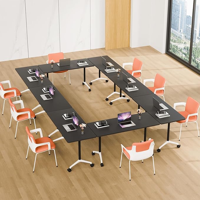 Conference Room Table, 55 Inch Folding Conference Tables with Wheels, Modern Office Meeting Table, Easy Flip & Nest Design, Rectangular Seminar Tables with Metal Frame for 2-24 People (J, 6PCS)