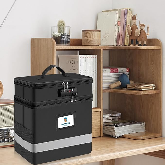 Fireproof File Box with Lock, 2 Layer Document Box Storage Organizer, Suitable for Hanging File Folders in Letter Size, Collapsible File Box, Reflective Strip for Fast Find (12.2*6*12.2, Black)