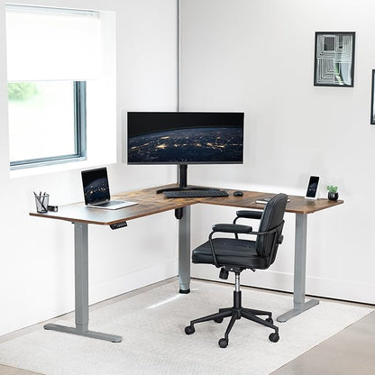 VIVO Electric Corner 63 x 55 inch L-Shaped Standing Desk, Memory Height Adjustment, Rustic Vintage Brown Top Gray Frame, DESK-E3CTGN