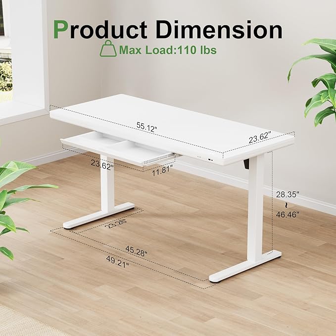 Homall Whole Piece Standing Desk with Drawer, Desktop Digital Display and USB Charge Port, Extra Thickening Height Adjustable Electric Sit Stand Desk for Home Office Computer Desk (White, 55 Inch)