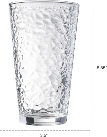 Set of 10 Hammered Glass Cups, 16oz. Dishwasher Safe Cocktail Drinking Glasses - Clear Heavy Base Stemmed Water Glasses, Tall Beer Glasses, Bar Glass, Juice, Iced Tea, Margarita, & Everyday Drinks.