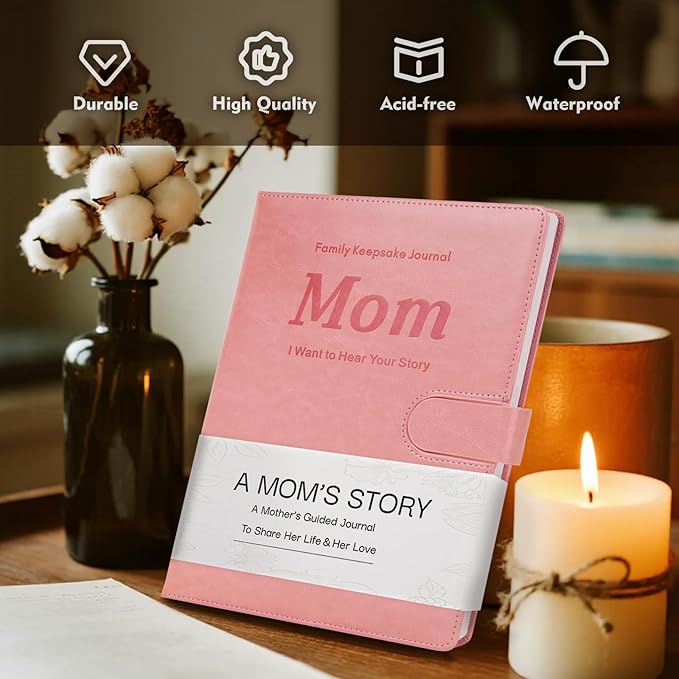 Artmag Mom's Life Story Journal with 250+ Prompt Questions, Family Keepsake Book Leather Cover for Mom to Share Her Memories for Birthday Mother's Day Christmas (Pink)