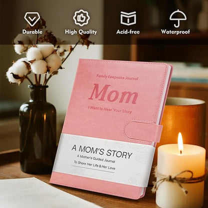 Artmag Mom's Life Story Journal with 250+ Prompt Questions, Family Keepsake Book Leather Cover for Mom to Share Her Memories for Birthday Mother's Day Christmas (Pink)