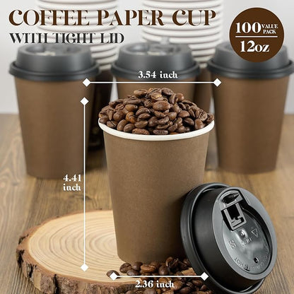 LITOPAK 100 Pack 12 oz Disposable Paper Coffee Cups with Lids for Coffee, Water, Juice, or Tea, Brown Hot Paper Cups for Home, Restaurant, Store, and Cafe
