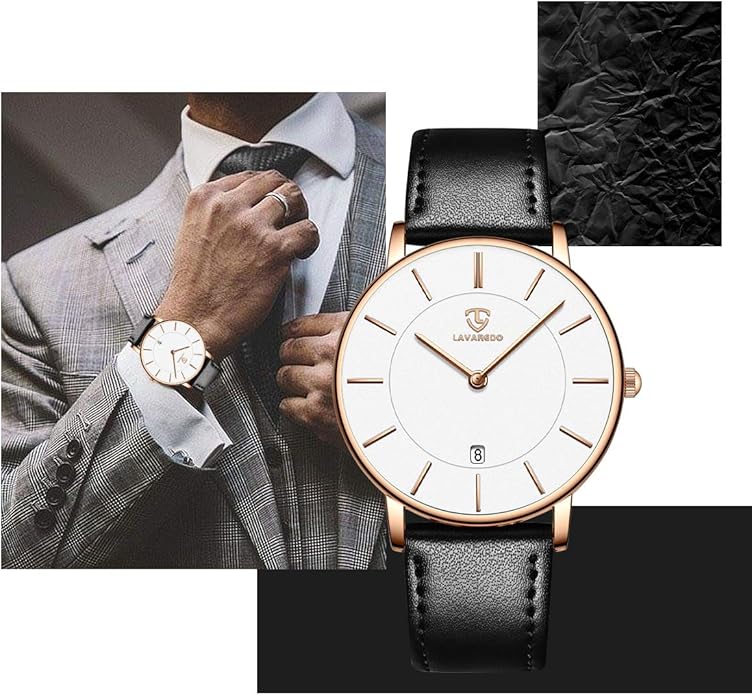 L LAVAREDO Watch for Men, Extremely Thin Mens Watches Minimalist Analog Men's Leather Wrist Watches with Time/Date, Birthday Gift for Men Boyfriend