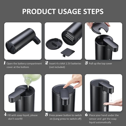 Automatic Soap Dispenser, Automatic Soap Dispenser Touchless, Kitchen & Bathroom, 3 Adjustable Volume for Liquid Soap, Water-Resistant, Hotel, Restaurant and School, Clog-Free, Black