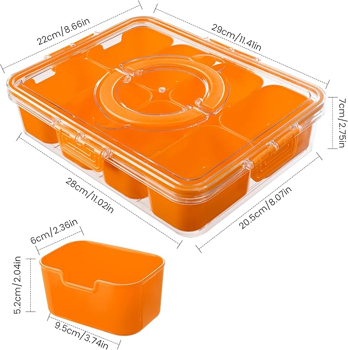 Divided Serving Tray with Lid and Handle - Snackle Box Charcuterie Container for Portable Snack Platters Organizer for Candy, Fruits, Nuts, Snacks - Perfect for Party, Entertaining, Orange