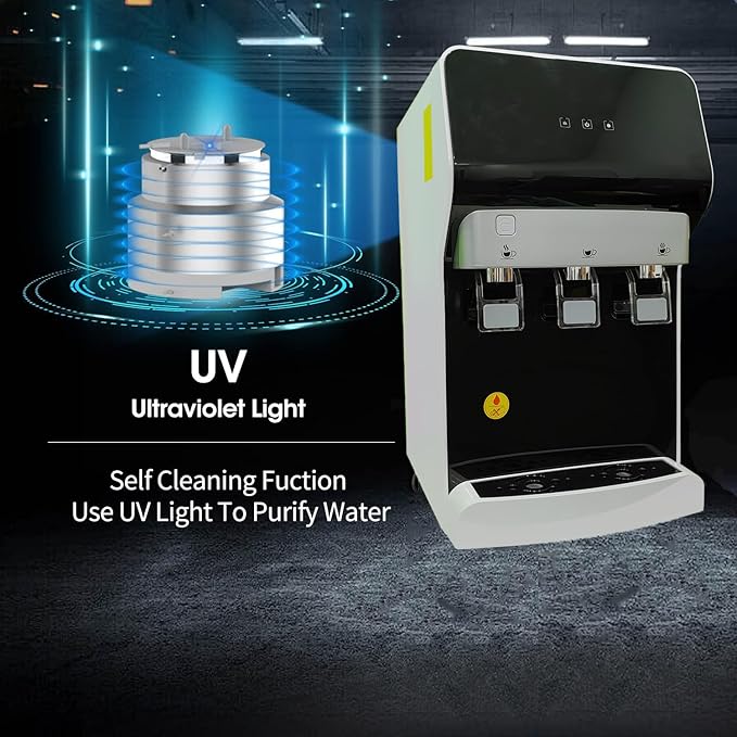 IKT Self Cleaning Bottleless Countertop Water Cooler Dispenser - with 4-Stage Water Filter and Installation Kit, Tri Temp Dispense