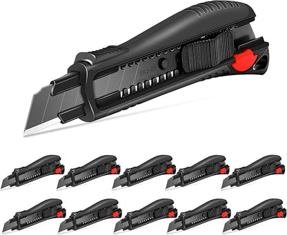 HAUTMEC 18mm Soft Grip Auto-Lock Utility Knife With Red Safety Switch, Sturdy Cutter with Ultra Sharp Black Snap-off Blade, HT0081-10PC