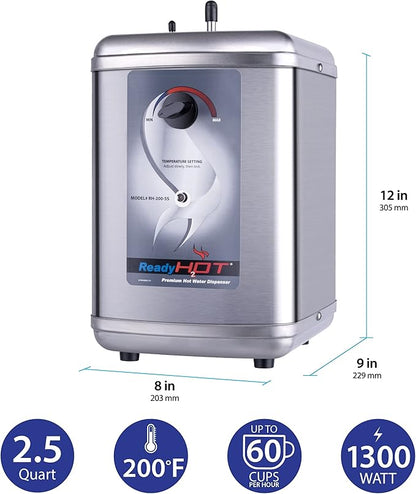 Ready Hot 41-RH-200-F560-BN Instant Hot Water Dispenser System, 2.5 Quarts, Manual Dial Dual Lever Hot and Cold Water Faucet Brushed Nickel