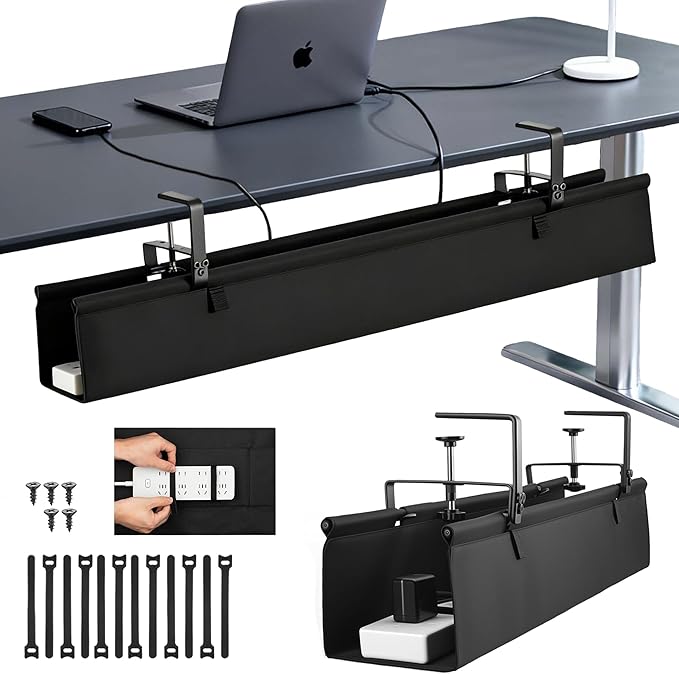 Oxford Cloth Under Desk Cable Management Tray,No-Drill 36" Desk Cable Management Organizer with Clip/Screw Installation,Holds Up to 70 lbs,Fabric Cable Management for Home,Office & Gaming Computer
