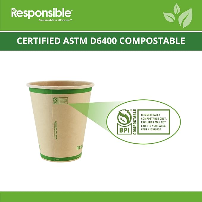 Responsible Products 10 oz Paper Hot Cups Bulk, Tree-Less™ Compostable Paper Coffee Cups, Extra Strength, Tree-Free and Made Without PFAS, Natural Brown (1000 Count)
