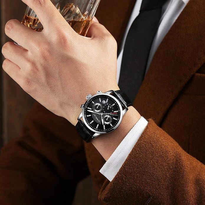 CRRJU Men's Business Casual Chronograph Quartz Waterproof Wristwatch Black Leather Strap
