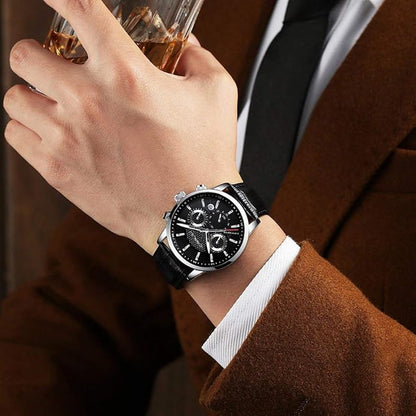 CRRJU Men's Business Casual Chronograph Quartz Waterproof Wristwatch Black Leather Strap