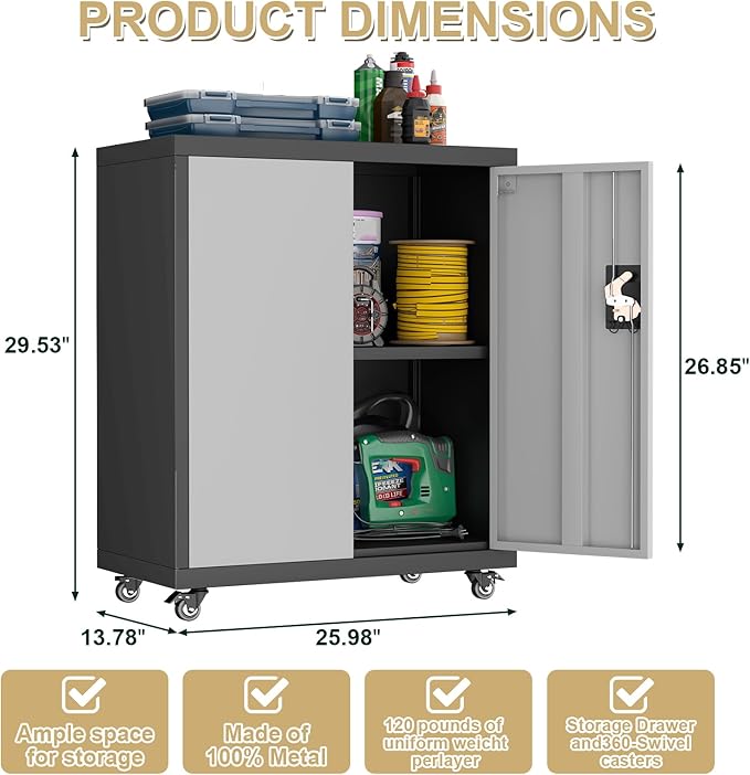 LUCYPAL Metal Storage Cabinet with Wheels,Garage Storage Cabinets with Locking Doors and Adjustable Shelves,Utility Tool Cabinet for Office,Home,Garage,Classroom,Black+Grey