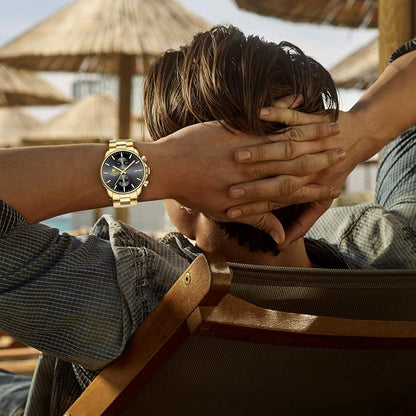 GOLDEN HOUR Fashion Business Mens Watches with Stainless Steel Waterproof Chronograph Quartz Watch for Men, Auto Date