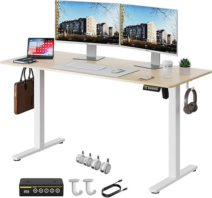 Electric Standing Desk 55"x24" Adjustable Height Stand Up Desk with Lockable Wheels Ergonomic Sit Stand Desk for for Work Office Home Computer Workstation (Wood)