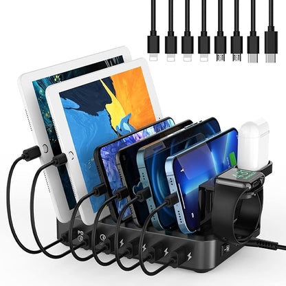 Charging Station for Multiple Devices,68W 6 Ports USB Charger Station with 20W PD USB-C Fast Charging,8 Cables Compatible with Cellphone,Tablet, Kindle, Apple Watch and More
