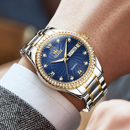Men's Casual Stainless Steel Watch, Big Face Easy to Read Analog Quartz Watch with Day and Date, Classic Waterproof Diamond Roman Arabic Numerals Dial Dress Watch for Men, Gold Silver Black Band
