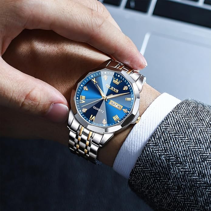 Men's Casual Stainless Steel Watch, Big Face Easy to Read Analog Quartz Watch with Day and Date, Classic Waterproof Diamond Roman Arabic Numerals Dial Dress Watch for Men, Gold Silver Black Band