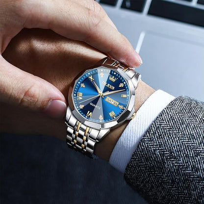 Men's Casual Stainless Steel Watch, Big Face Easy to Read Analog Quartz Watch with Day and Date, Classic Waterproof Diamond Roman Arabic Numerals Dial Dress Watch for Men, Gold Silver Black Band