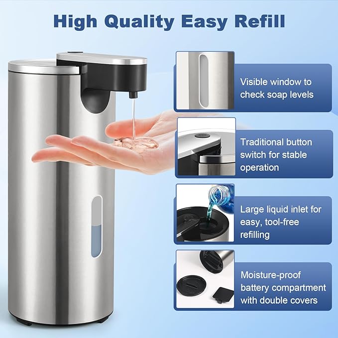 2 Pack Automatic Soap Dispenser Touchless, Stainless Steel Motion Sensor Pump 12oz - Hands-Free for Kitchen Bathroom Sink, Waterproof (Silver)
