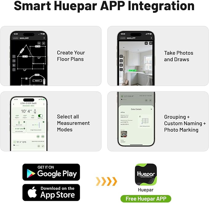 Huepar Laser Distance Measure 395Ft. Digital Rechargeable Laser Measuring Tool with Bluetooth -Phone APP, Angle Sensor, 1/16in Accuracy, M/in/Ft Unit, Pythagorean Mode, Measure Distance, Area, Volume