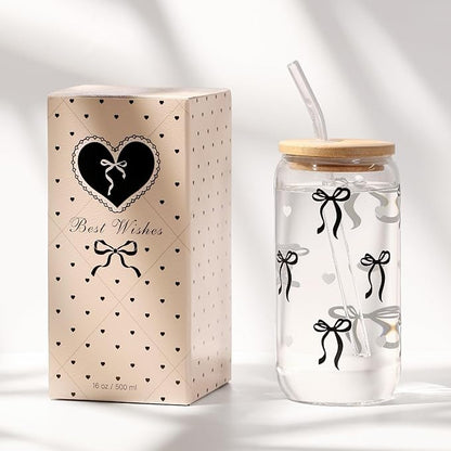 Coquette Black Bow Aesthetic Cup With Gift Box 16oz Glass Cup with Lids Straws and Black Bow Iced Coffee Smoothie Cute Tumbler with Cleaning Brush for Girls Bestfriend Sister Girlfriend, Preppy Stuff