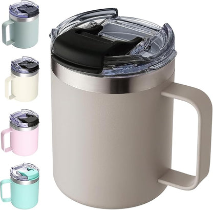 ALOUFEA 12oz Insulated Coffee Mug Cup with Handle, Stainless Steel Travel Coffee Mug with Flip Lid, Double Wall Vacuum Coffee Tumbler,Apricot