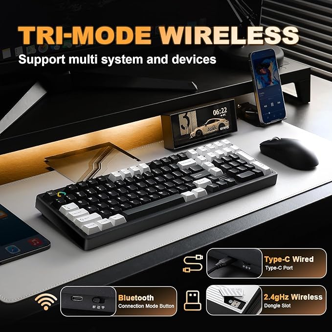 YUNZII AL98 QMK/VIA Wireless Mechanical Gaming Keyboard,Full Aluminum,BT/2.4G/USB-C, Pre-Lubed Hot Swappable Gasket Mount 1800 Layout,RGB Backlit for Win/Mac (Black, Cocoa Cream V2 Switch)