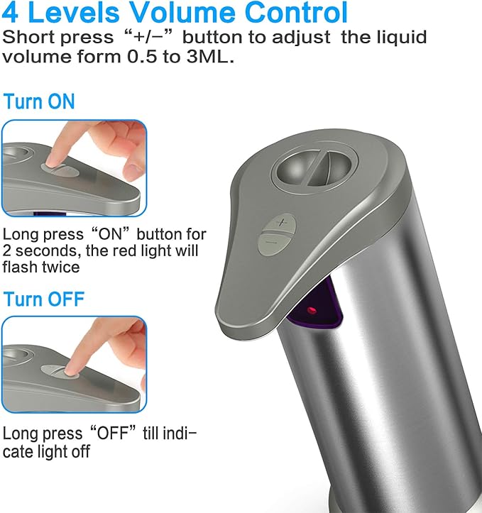 Infrared Automatic Soap Dispenser, Stainless Steel Handfree Touchless Soap Dispenser Sensor Dispenser for Bathroom Kitchen Hotel Restaurant. 4 AAA Batteries (NOT Included)