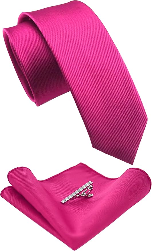 JEMYGINS 2.4" Solid Color Skinny Tie and Pocket Square with Tie Clip Sets for Men (6cm)