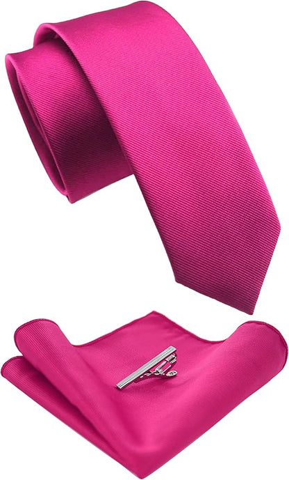 JEMYGINS 2.4" Solid Color Skinny Tie and Pocket Square with Tie Clip Sets for Men (6cm)