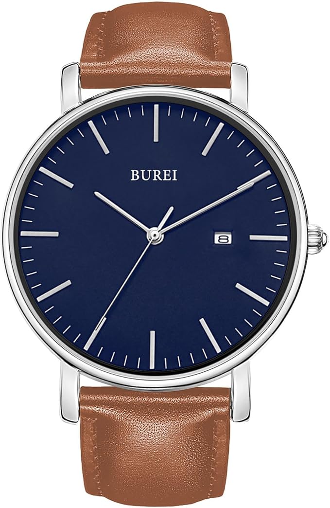 BUREI Men Watches Brown Leather Fashion Minimalist Wrist Watch Simple Ultra Thin Waterproof Quartz Watches All Black Stainless Steel Mesh Band,Gift for Men Women