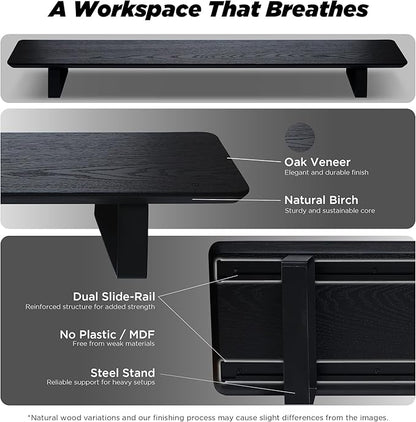 Moodular Wooden Monitor Stand 45.6” (116cm) Large Desk Organizer with Metal Slide Rails for Drawer, Tray, Laptop, Tablet, Phone & Headphones Customizable Riser for Organized Workspace Black