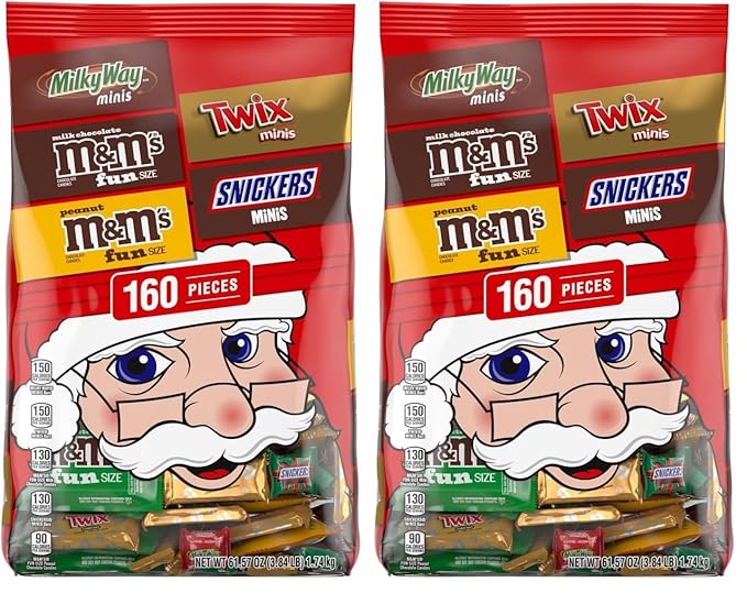M&M'S Milk Chocolate, M&M'S Peanut, SNICKERS, TWIX, & MILKY WAY Fun Size and Mini Chocolate Christmas Candy Individually Wrapped Stock Stuffers Holiday Variety Pack, 160 Piece Bulk Bag (Pack of 2)
