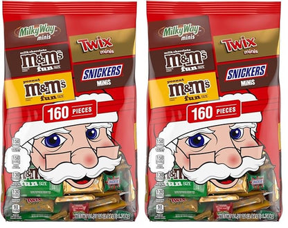 M&M'S Milk Chocolate, M&M'S Peanut, SNICKERS, TWIX, & MILKY WAY Fun Size and Mini Chocolate Christmas Candy Individually Wrapped Stock Stuffers Holiday Variety Pack, 160 Piece Bulk Bag (Pack of 2)