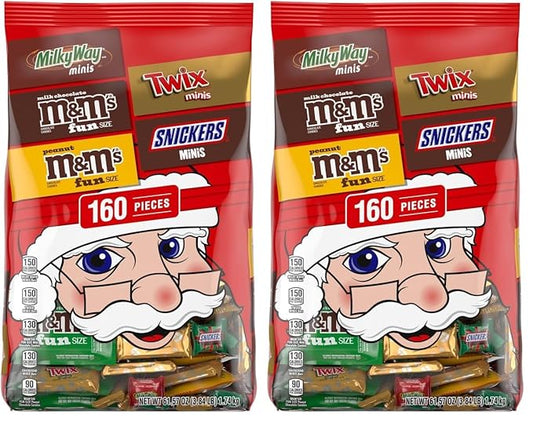 M&M'S Milk Chocolate, M&M'S Peanut, SNICKERS, TWIX, & MILKY WAY Fun Size and Mini Chocolate Christmas Candy Individually Wrapped Stock Stuffers Holiday Variety Pack, 160 Piece Bulk Bag (Pack of 2)