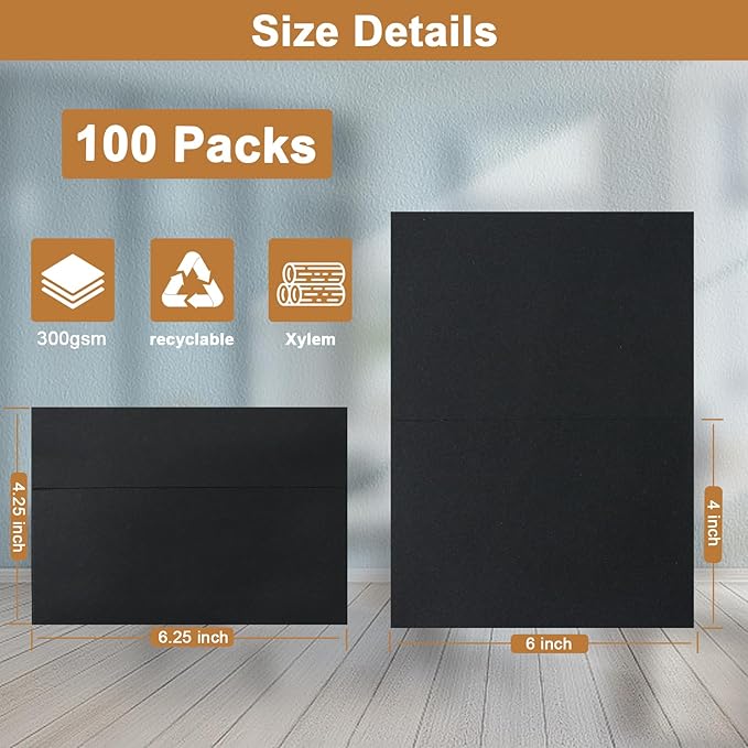 100 Packs Blank Black Note Cards and Envelopes 4 x 6 Heavyweight Folded Cardstock and A4 Envelopes Printable Self Seal for Birthday, Thank You Cards, Wedding Invitations, Baby Showers